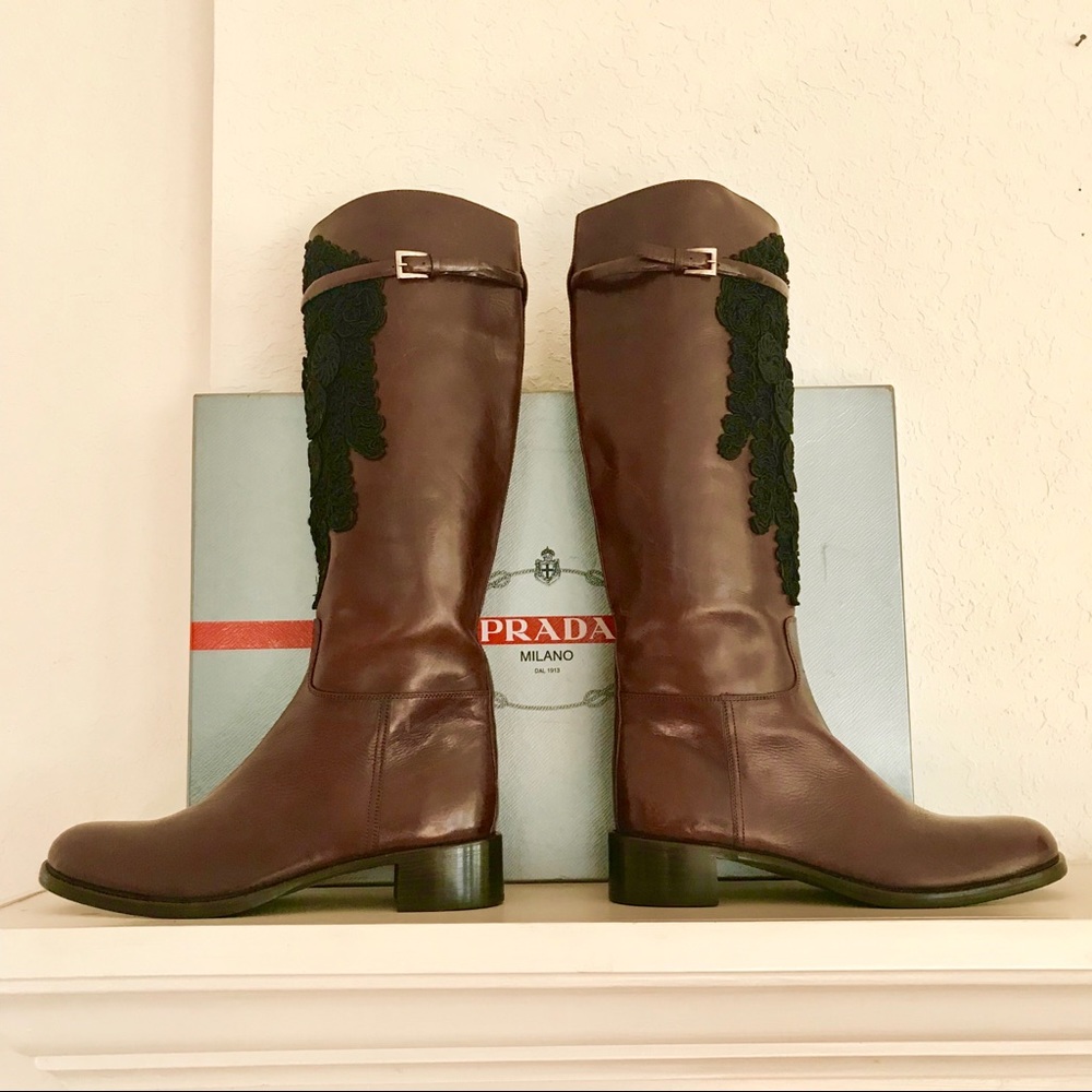 PRADA NEW W BOX CHESTNUT BROWN BOOTS/BLACK ACCENTS